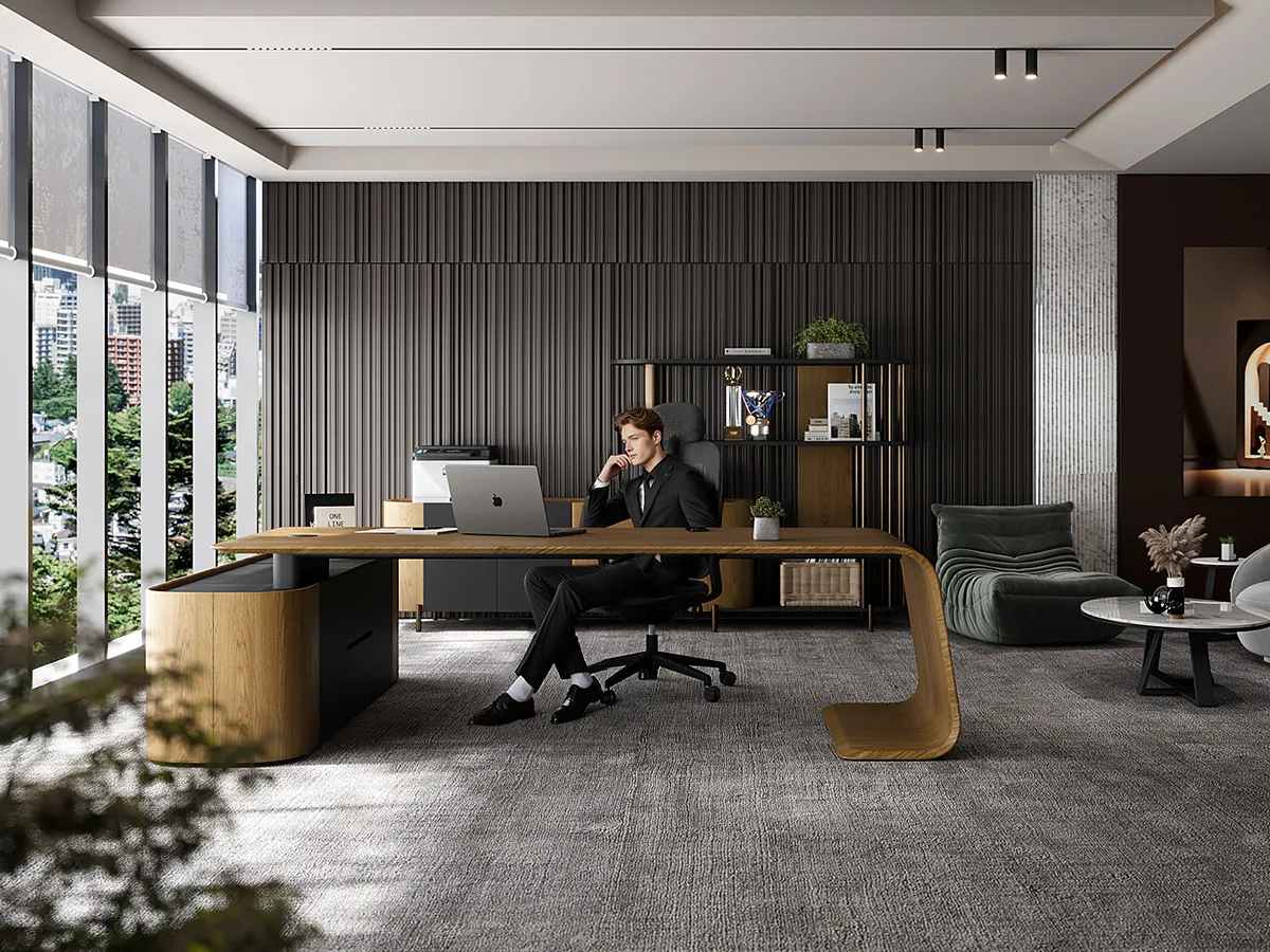 Um homem no design de escritório da Lumodesk