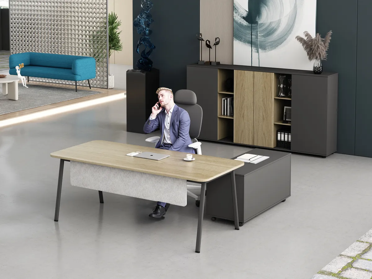 Gráfico de cena três da mesa executiva em forma de L Linora B