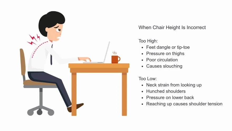 altura incorreta da cadeira de escritório