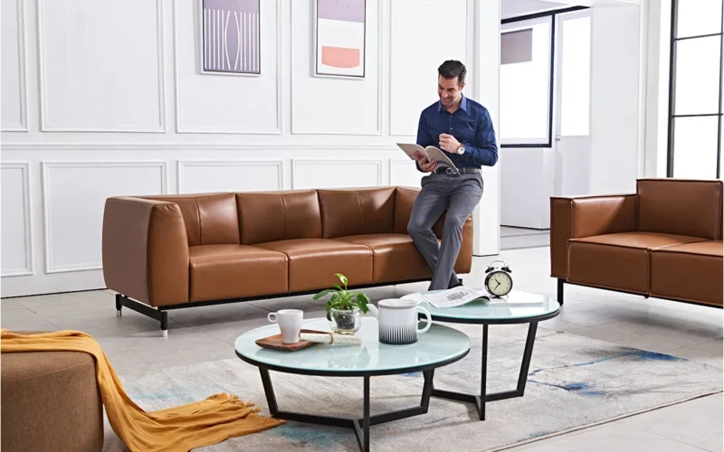 Modern Rose Leather Sofa Scene Image 2