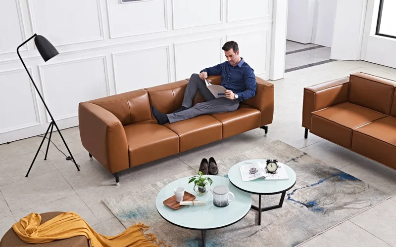 Modern Rose Leather Sofa Scene Image 3