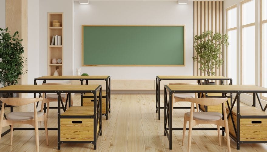 modern classroom with desks and chairs