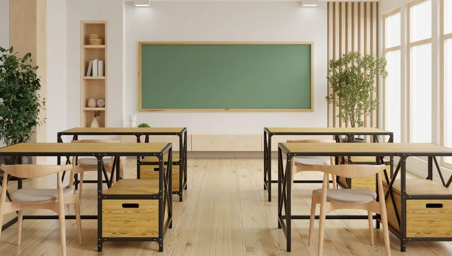 Sala de aula moderna com carteiras e cadeiras.