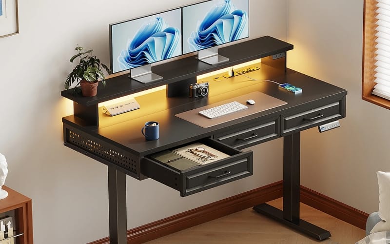 OffiGo 48″ Electric Standing Desk with 3 Drawers & Shelf