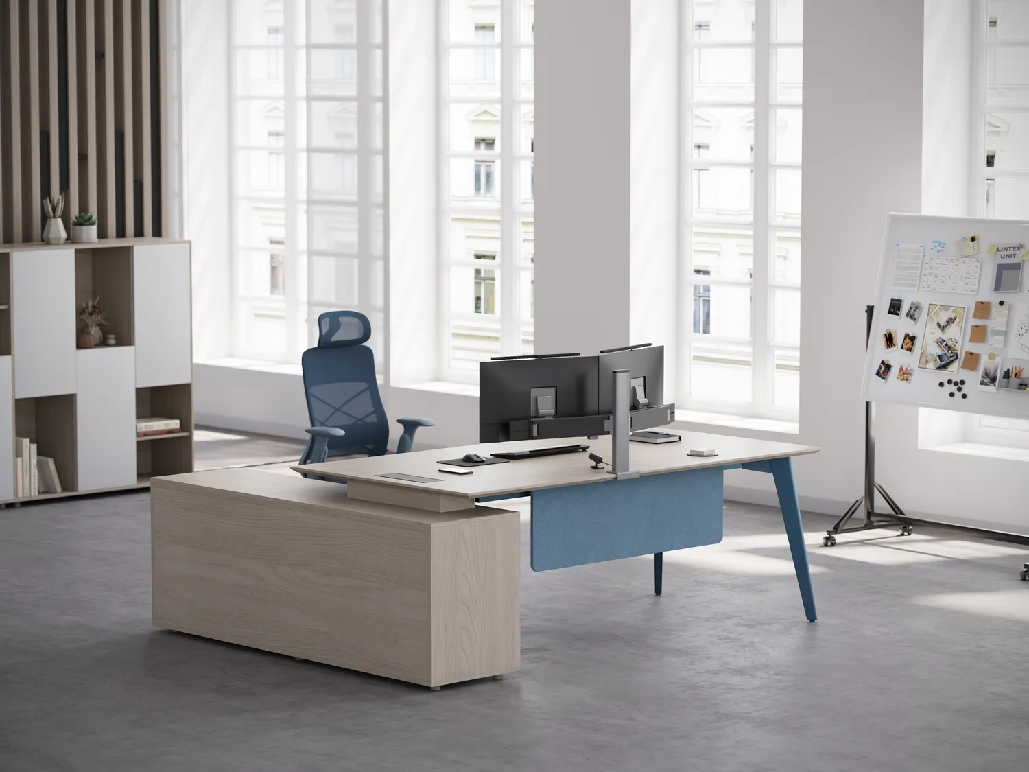 Mesa executiva em formato de L da série D da Reco