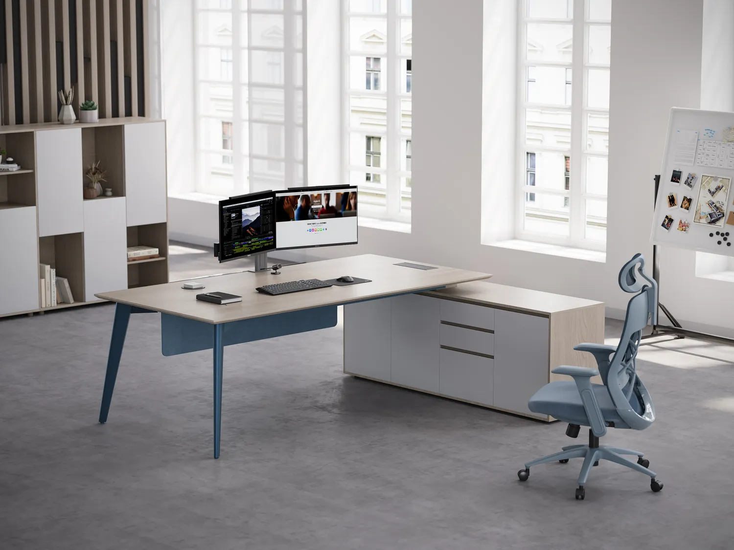 Mesa executiva em formato de L da série D da Reco