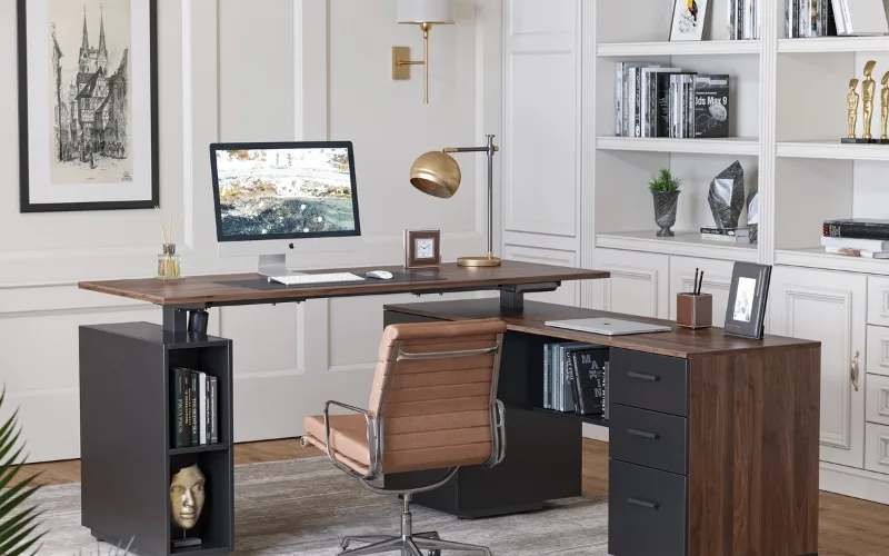 Mesa de escritório Fezibo em formato de L para uso em pé