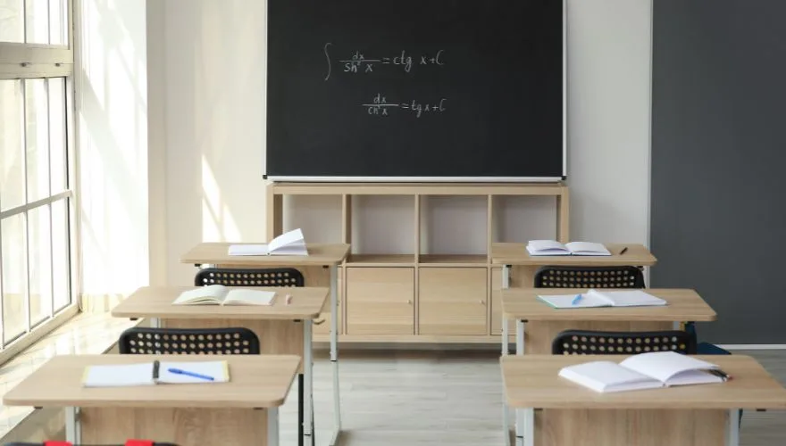 classroom with wood desks