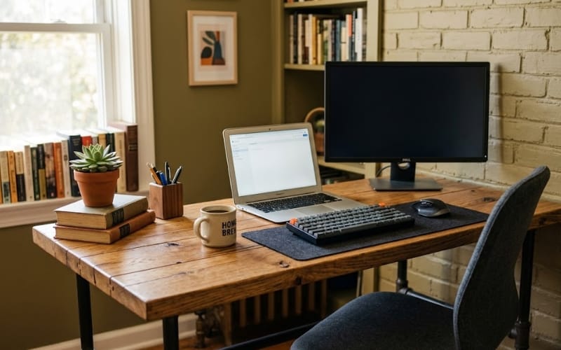 Rustic wood home-office-desk with dual monitor setup and bookshelf in a cozy study