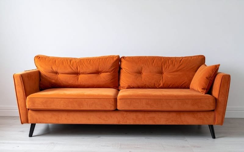 Orange loveseat against a white wall, ideal sofa placement for compact living rooms