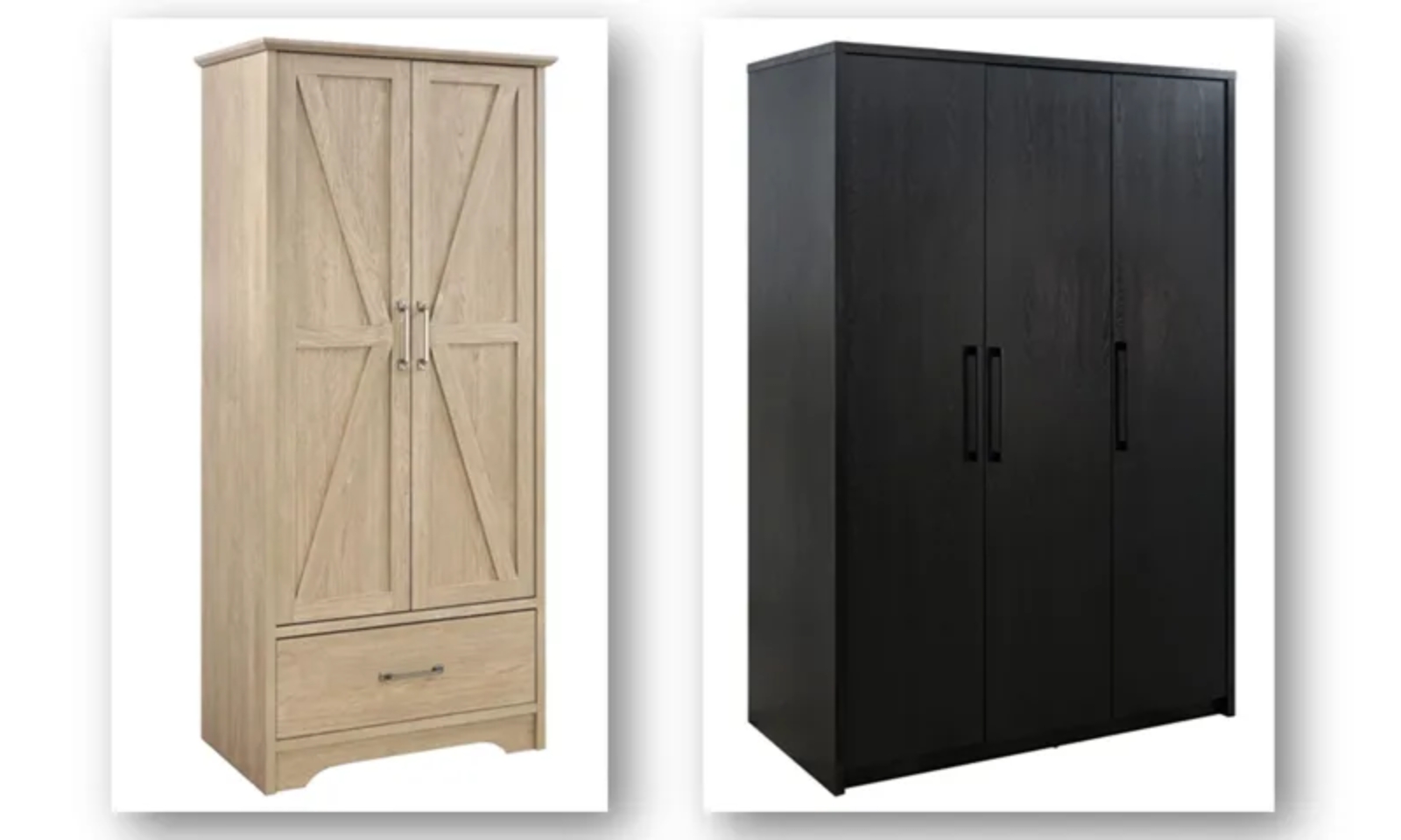 Coaster's Arvida 2-door wardrobe cabinet, left, and Cerda 3-door wardrobe cabinet